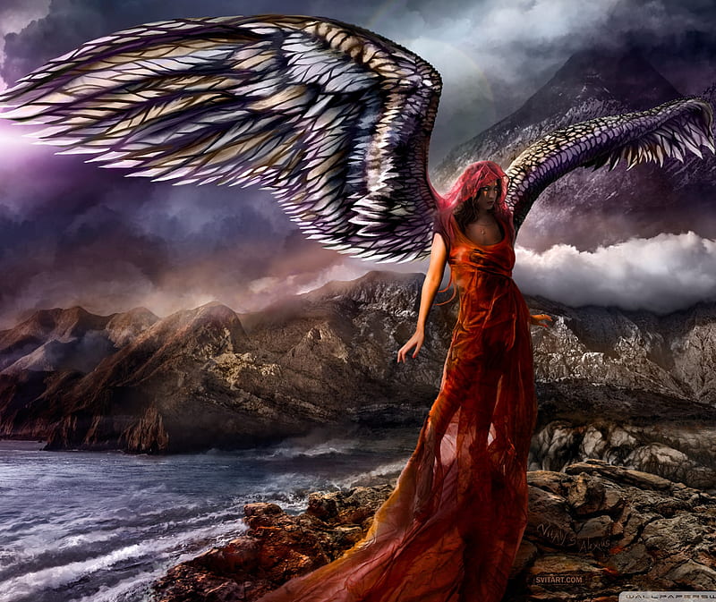 succubus, angel, death, red, wings, woman, HD wallpaper