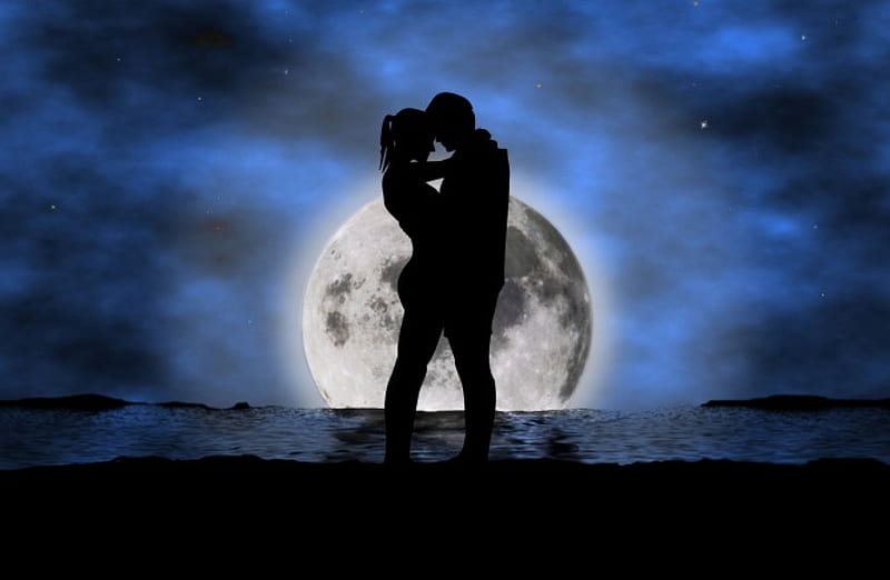 Bajo la luna de amor, abrazo, amor, beso, pareja, noche, Fondo de pantalla  HD | Peakpx