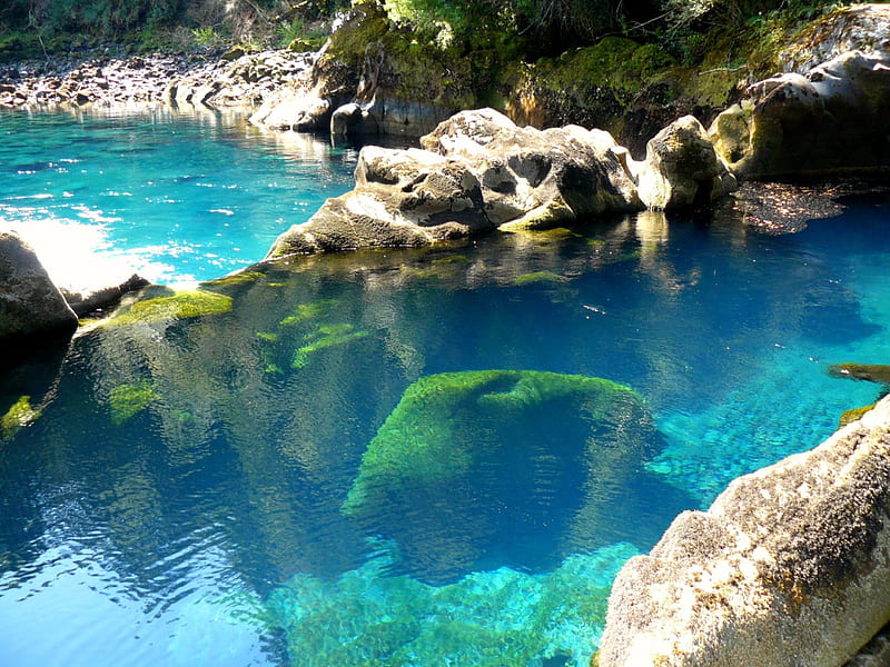 The Pools Of Huilo-Huilo Waterfalls, Biological Reserve, crystal clear waters, bonito, pools, turquoise, stones, Chile, moss, natural, HD wallpaper