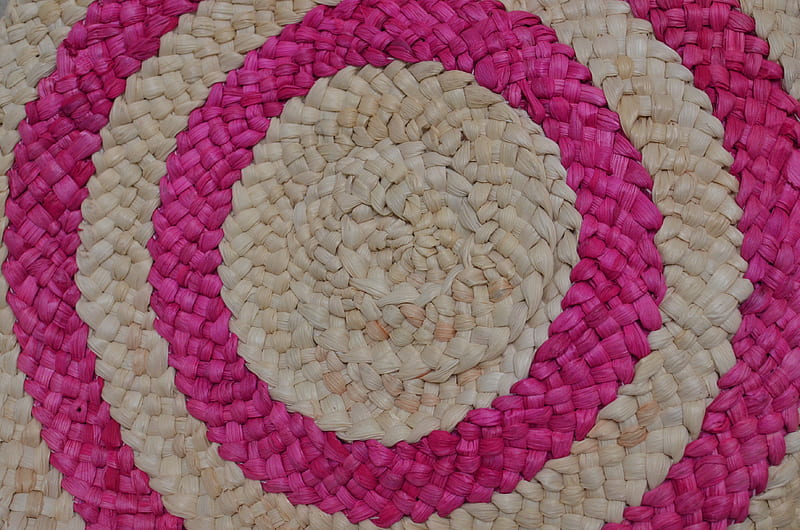 Top view of stylish multicolored bag with various circles from straw on floor, HD wallpaper