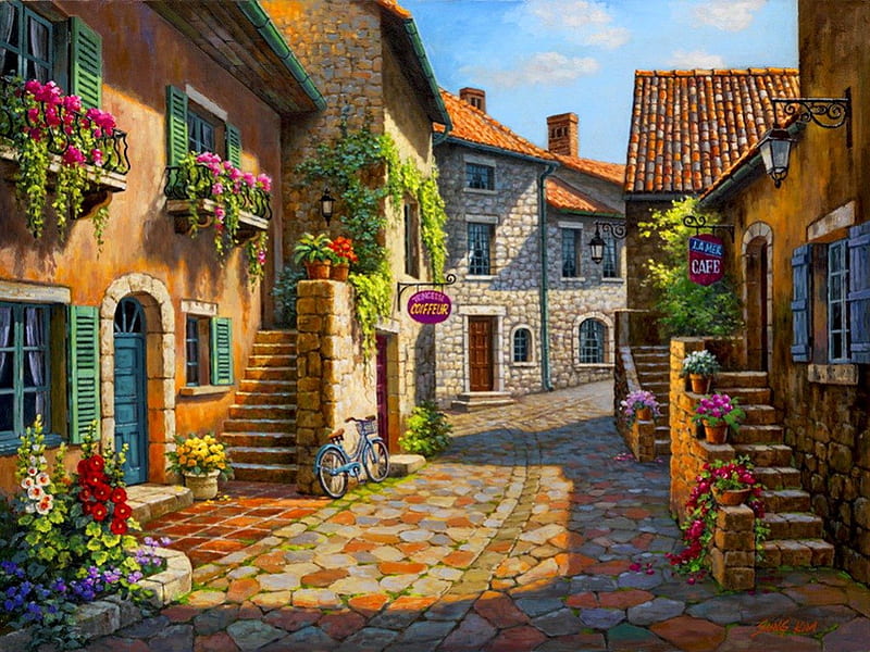 Rue de village, pretty, sunny, bonito, nice, stone, painting, village, flowers, street, art, quiet, calmness, lovely, houses, town, rue, serenity, peaceful, summer, nature, HD wallpaper