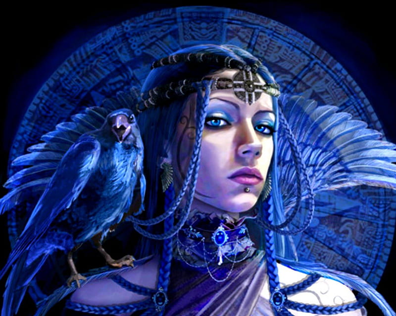 Blue Queen, look, fantasy, bird, tiara, woman, HD wallpaper