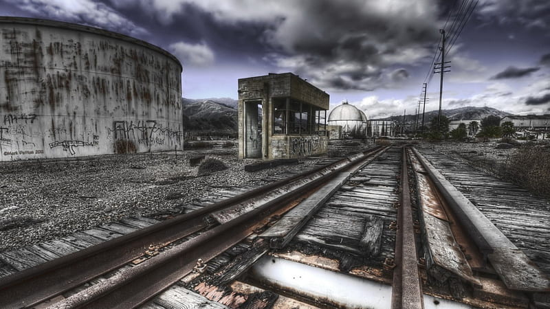 old abandoned switching rail station r, tanks, station, r, clouds, tracks, HD wallpaper