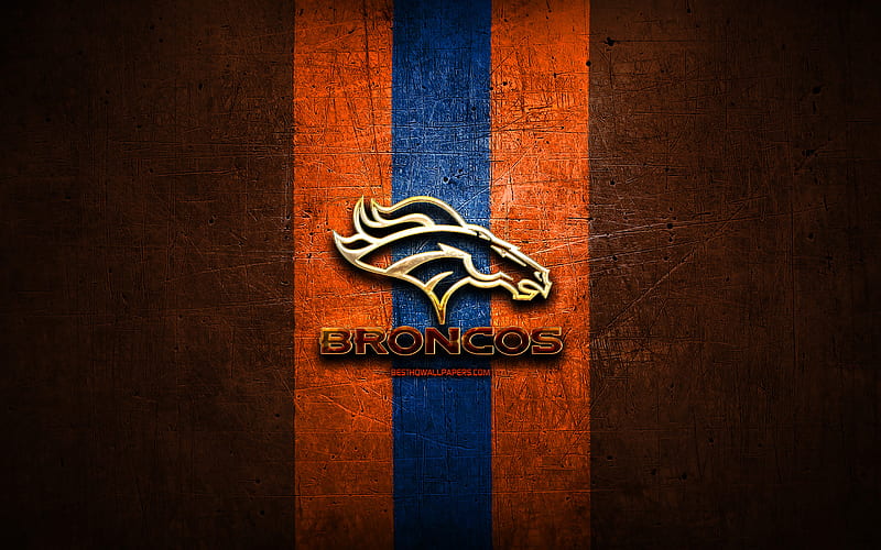 Denver Broncos, golden logo, NFL, orange metal background, american football club, Denver Broncos logo, american football, USA, HD wallpaper
