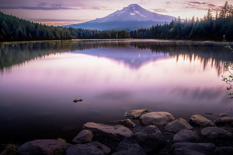 Last Light at Mt Hood National Forest, Lake Trillium, Oregon, sunset, water, reflection, mountain, colors, sky, HD wallpaper