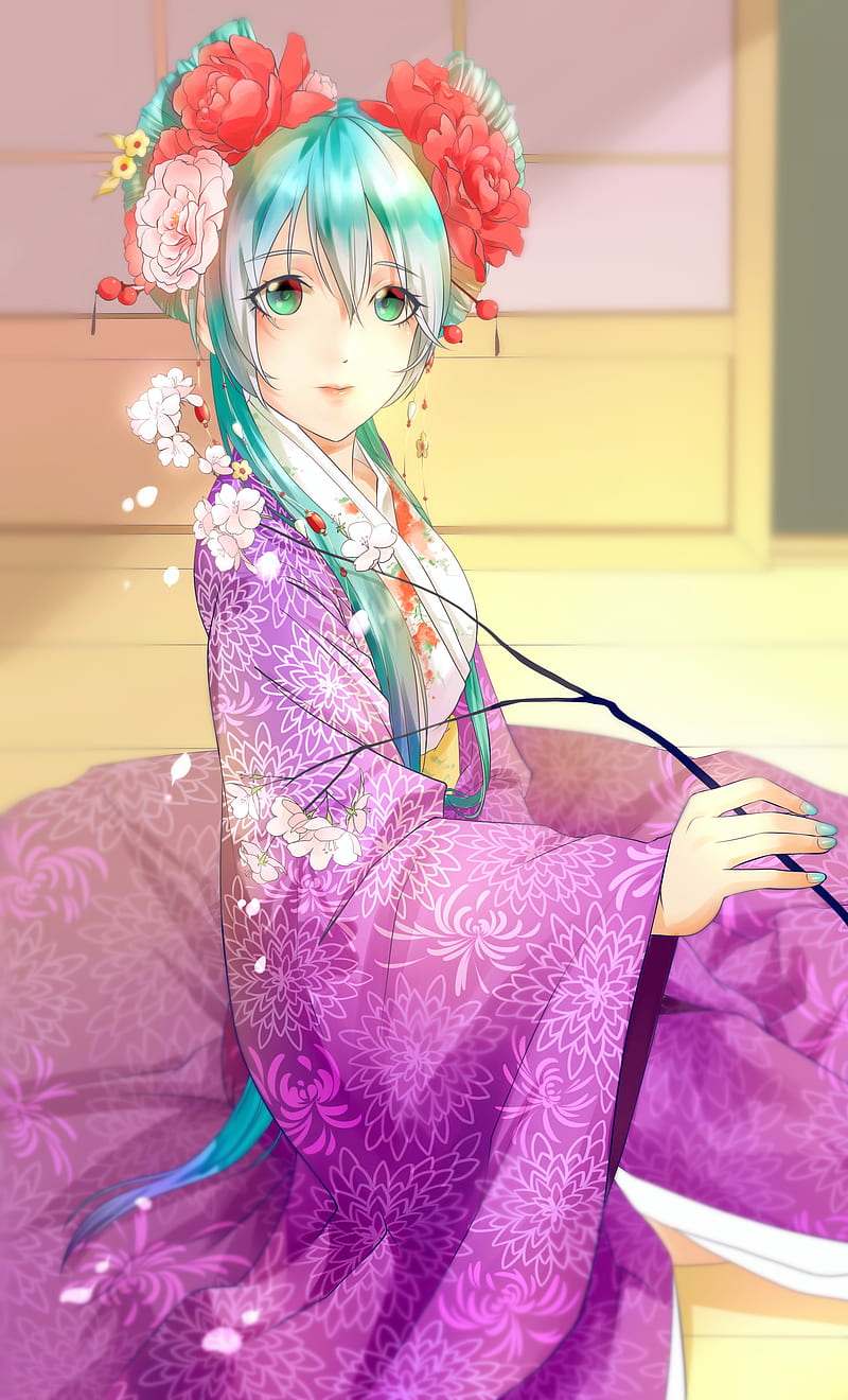 vocaloid, hatsune miku, kimono, green hair, pretty, Anime, HD phone wallpaper
