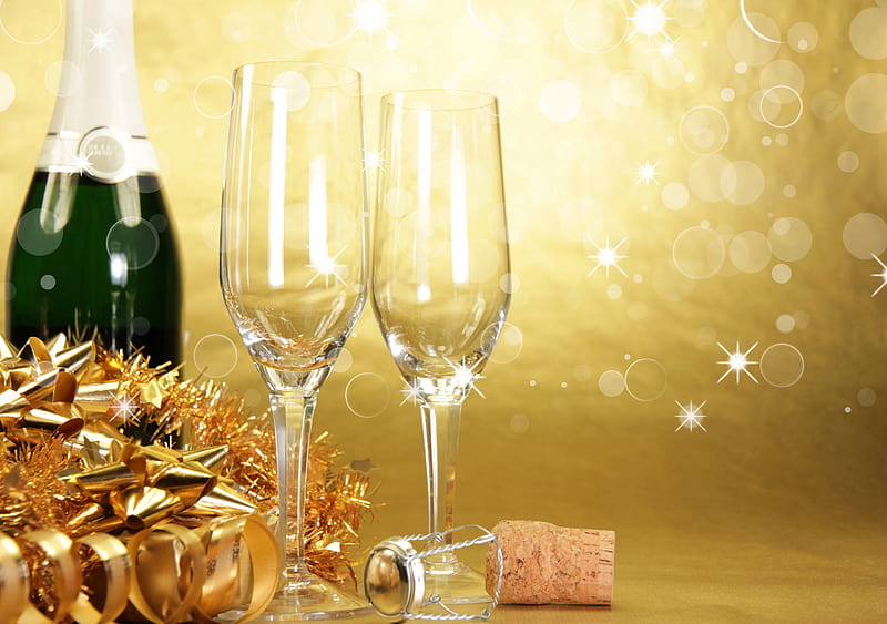 Champagne, pretty, bottle, glasses, bonito, magic, xmas, graphy, gold, beauty, lovely, holiday, christmas, wine, golden, new year, happy new year, gift, glass, merry christmas, HD wallpaper