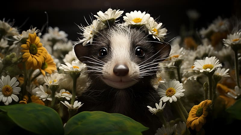 Badger cub, animal, neuroset, fantasy, cub, daisy, flower, badger, cute, HD wallpaper