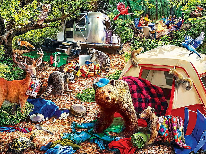 Campsite Trouble, tent, birds, bears, artwork, animals, deer, owl, raccoons, squirrels, people, painting, HD wallpaper