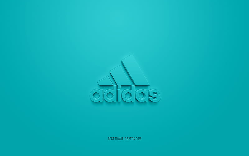 Adidas logo, Turkuoise background, Adidas 3D logo, 3D art, Adidas, brands logo, blue 3D Adidas logo, HD wallpaper