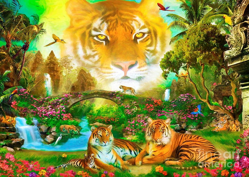 Majestic Tiger Grotto, bridge, painting, jungle, flowers, waterfall, tigers, parrots, artwork, HD wallpaper