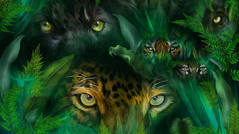 Eyes of the Jungle, leopard, cheetah, tiger, foliage, ferns, jungle, greens, eyes, lynx, Firefox Persona theme, HD wallpaper