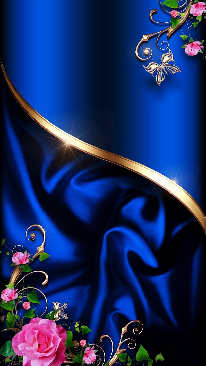 Rose, blue, butterfly, flower, gold, ribbon, roses, HD phone wallpaper