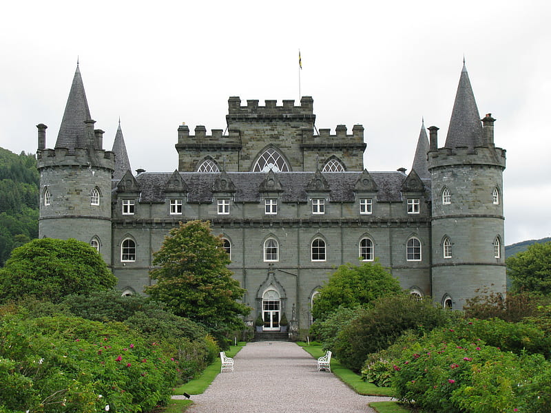 Inveraray Castle, loch, stone, inveraray, scotland, castle, fyne, HD wallpaper