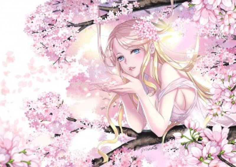 Cherry Blossom Tree Anime Girl With Long Hair Sitting In A Blossoms  Backgrounds | JPG Free Download - Pikbest