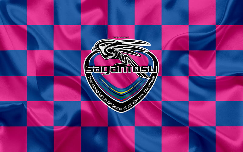 Sagan Tosu FC logo, creative art, blue pink checkered flag, Japanese football club, J1 League, J League Division 1, emblem, silk texture, Tosu, japan, football, HD wallpaper