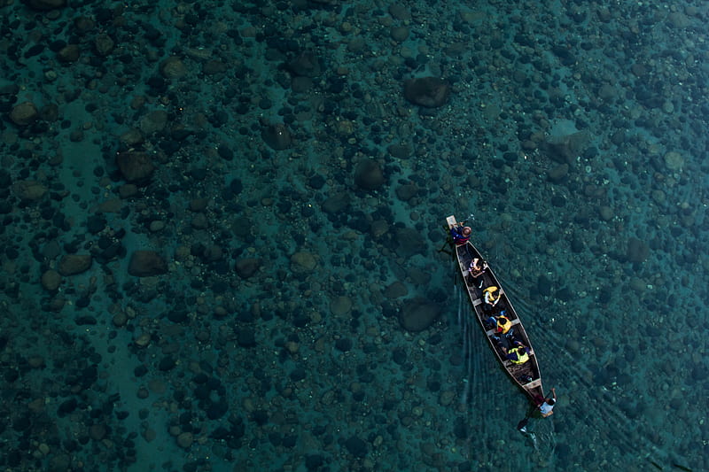 aerial of canoe on calm water with people, HD wallpaper