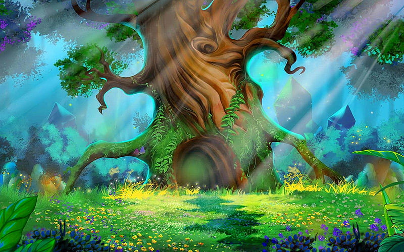 Fairytale garden, art, tree, fantasy, rays, garden, magical, bonito, fairytale, enchanted, HD wallpaper