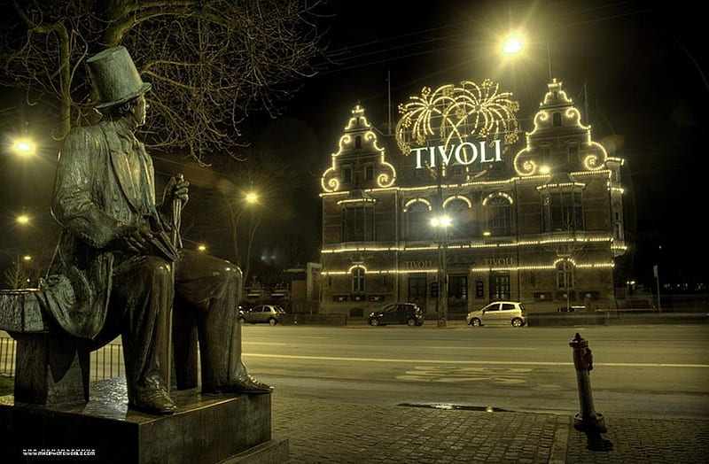 H.C.Andersen Looking at Tivoli, architectural masterpiece, amusement park, writer, lights, night, HD wallpaper