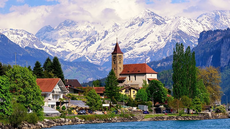Brienz, Lake Lugano, Switzerland, clouds, trees, landscape, sky, church, houses, mountains, alps, lake, HD wallpaper