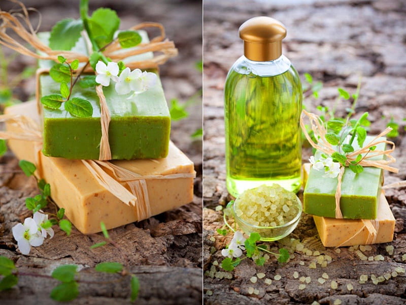 Spa soap, calmness, refreshing, oil, hydration, abstract, aroma, bath salt, green, flowers, collages, relaxation, massage, natural, HD wallpaper