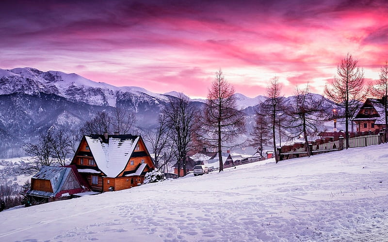 Tatra Mountains, Zakopane, Poland, Trees, Sky, Snow, Village, House, Winter, HD wallpaper