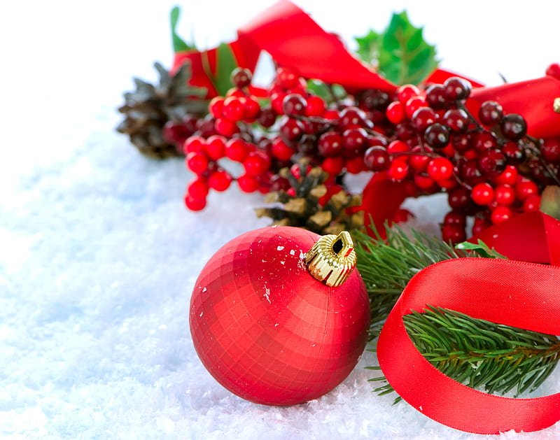 Christmas Decoration, red, pretty, bonito, magic, red ball, xmas, graphy, ball, green, magic christmas, decorations, beauty, lovely, holiday, christmas, ribbon, decoration, colors, christmas ball, new year, happy new year, winter, merry christmas, balls, snow, white, HD wallpaper