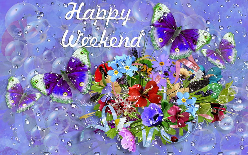 Happy Weekend Flowers, Viola Tricolor, art, happy weekend, desenho, butterflies, weekend, water drops, summer, bubbles, flowers, friends, HD wallpaper
