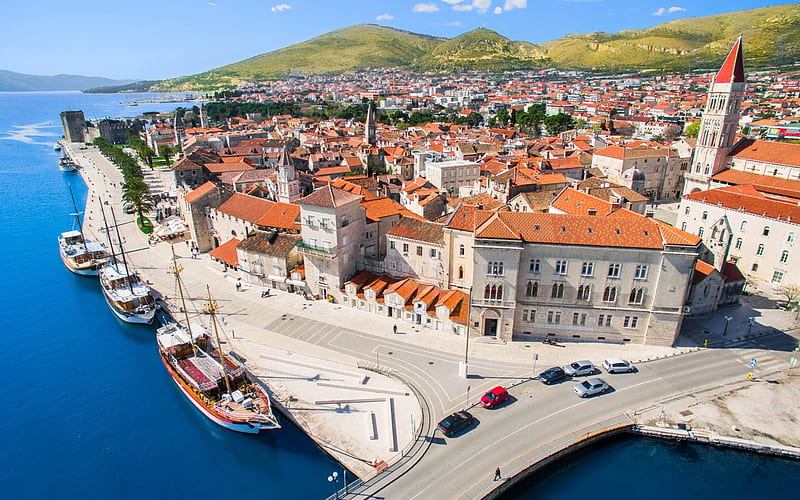 Trogir, summer, coast, Adriatic sea, resort, Trogir cityscape, Croatia, HD wallpaper