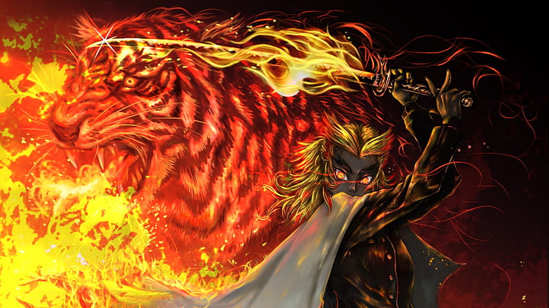 Demon Slayer Tiger Kyojuro Rengoku On Fire Anime Hd Wallpaper Peakpx