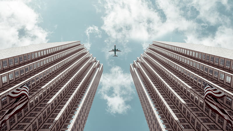 Plane Between Two Buildings , plane, graphy, buildings, HD wallpaper