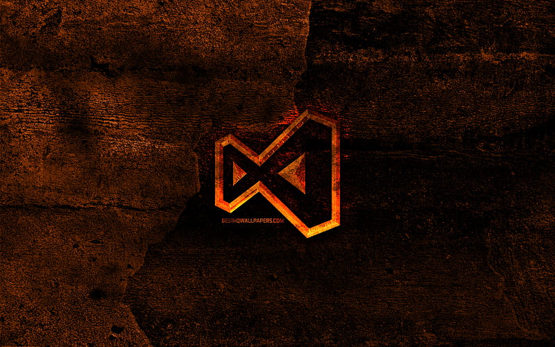 Visual studio fiery logo, programming language, orange stone background, creative, Visual studio logo, programming language signs, Visual studio, HD wallpaper