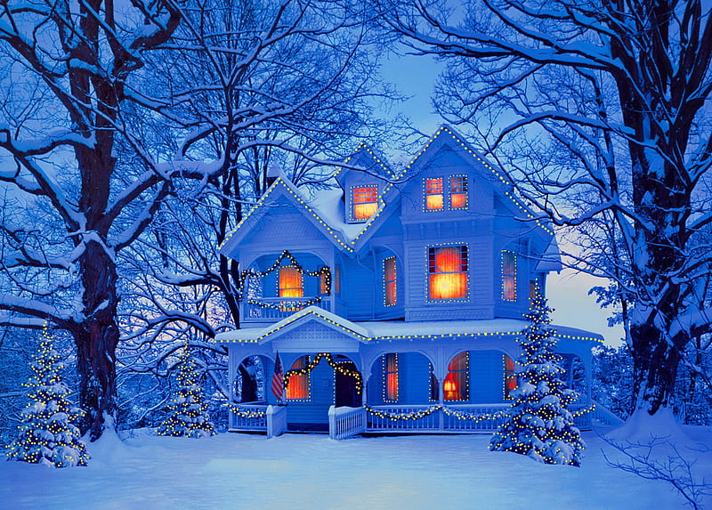 Christmas house, house, christmas, holiday, home, bonito, trees, lights, winter, snow, evening, blue, frost, HD wallpaper