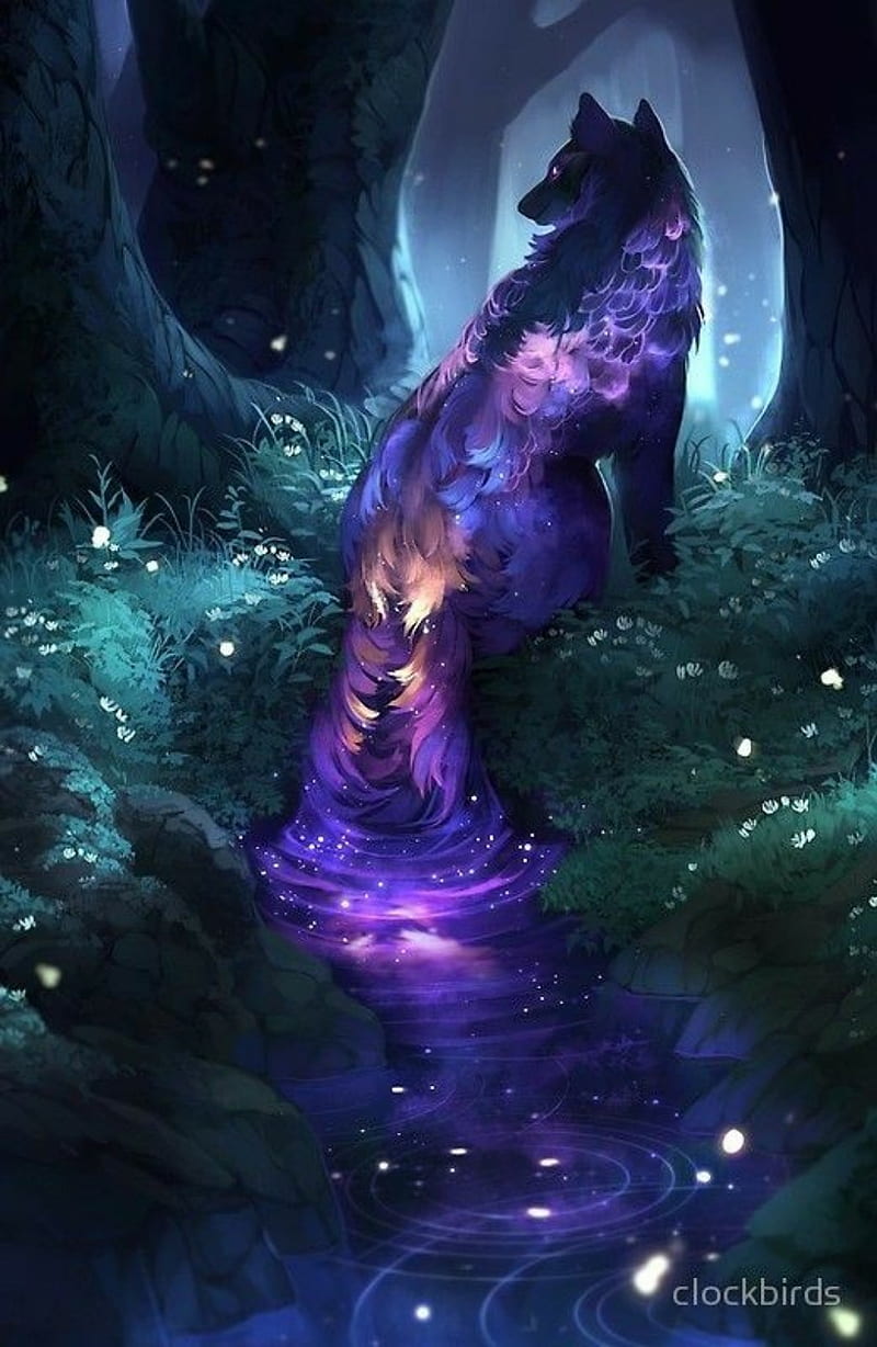 River Wolf, fantasy, purple, river, wolf, HD phone wallpaper