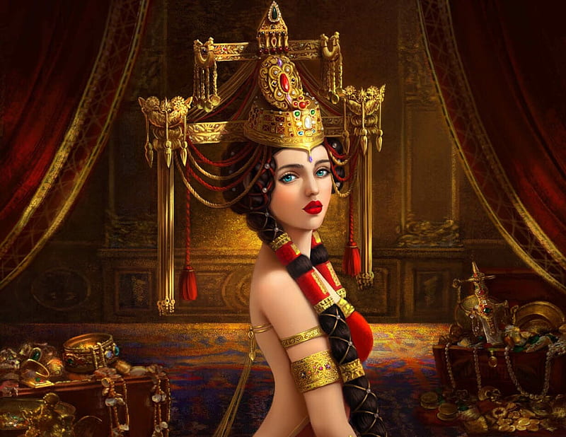 Empress, red, frumusete, fantasy, girl, luminos, kk1919, jewel, golden, HD wallpaper