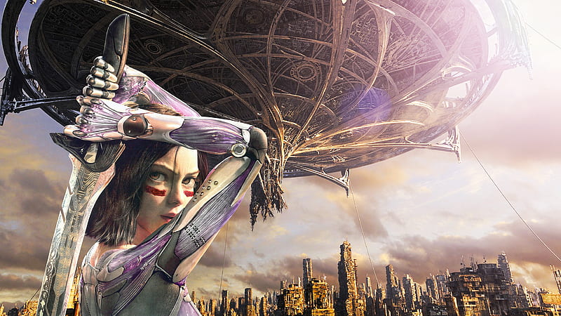 Alita battle angel alita holding sword on back with background of spaceship  cloudy sky and buildings movies, HD wallpaper | Peakpx
