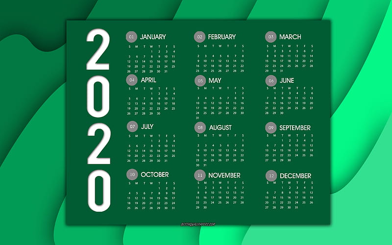 Green 2020 Calendar, green abstract background, 2020 calendars, all months of 2020 Year, Green waves background, HD wallpaper