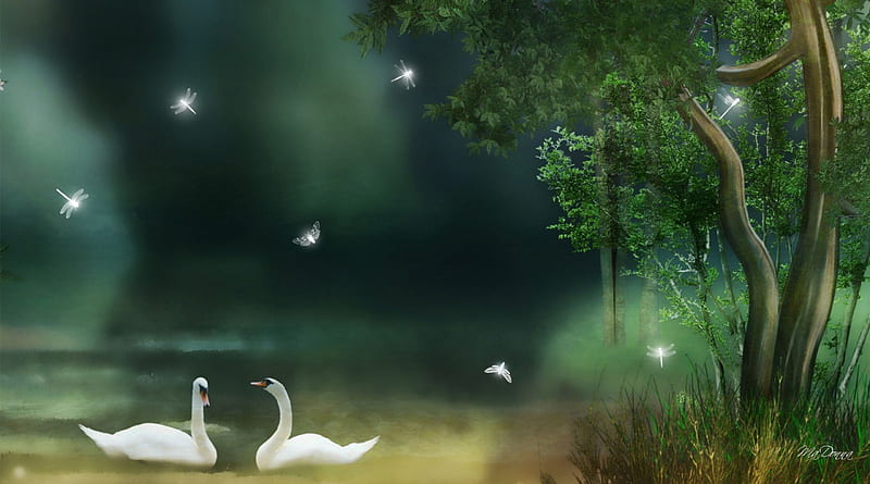 Swans Woodland Glow Flies, forest, glow, romantic, woods, butterflies, swans, mystic, pond, green, dragonflies, HD wallpaper