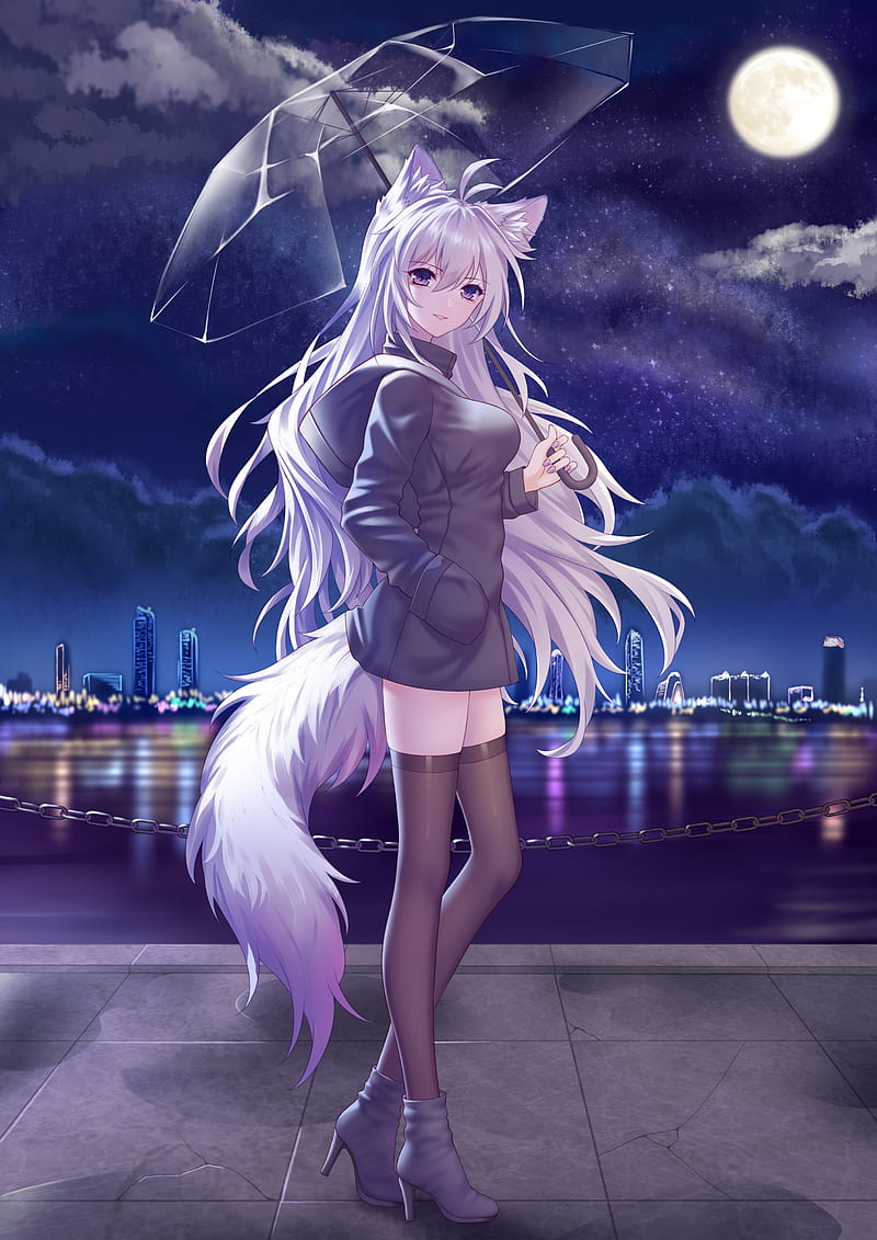anime girls, simple background, original characters, drawing, animal ears, tail, fox girl, thigh-highs, hooded jacket, umbrella, night, Moon, silver hair, purple eyes, Kirby D A, HD phone wallpaper
