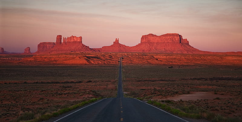 Road to the Monument Valley, monument vallwy, arizona, bonito, sunset, plateau, road, HD wallpaper