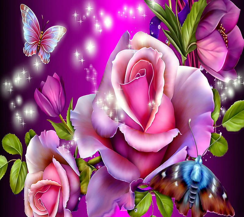 Admiring Roses, butterflies, floral, pink, HD wallpaper