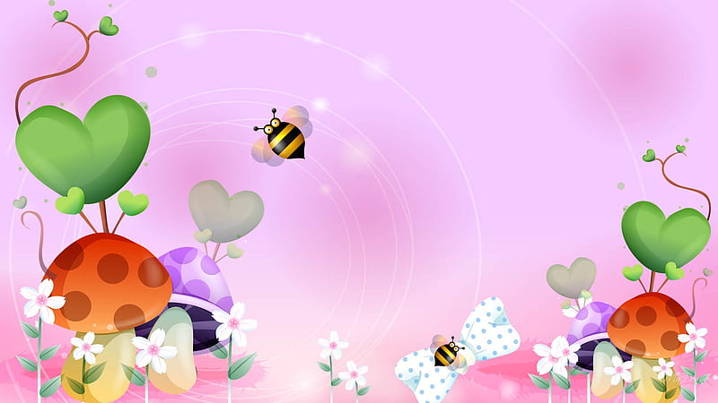 Summer Five, summer, flowers, mushrooms, firefox persona, spring, corazones, pink, bees, HD wallpaper