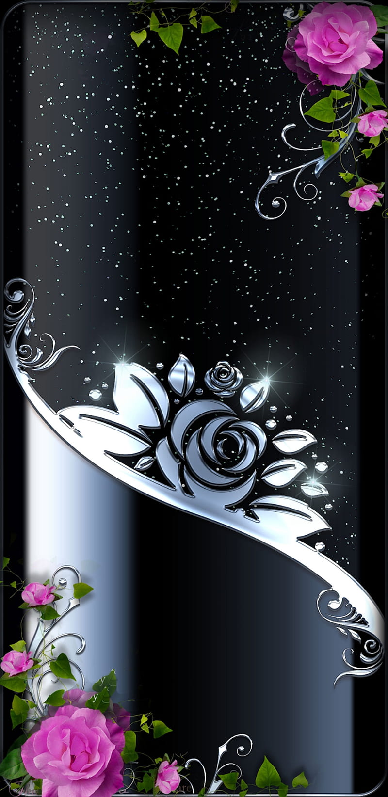 ATouchOfLove, silver, roses, pink, black, bonito, pretty, girly, love, glitter, shiny, HD phone wallpaper