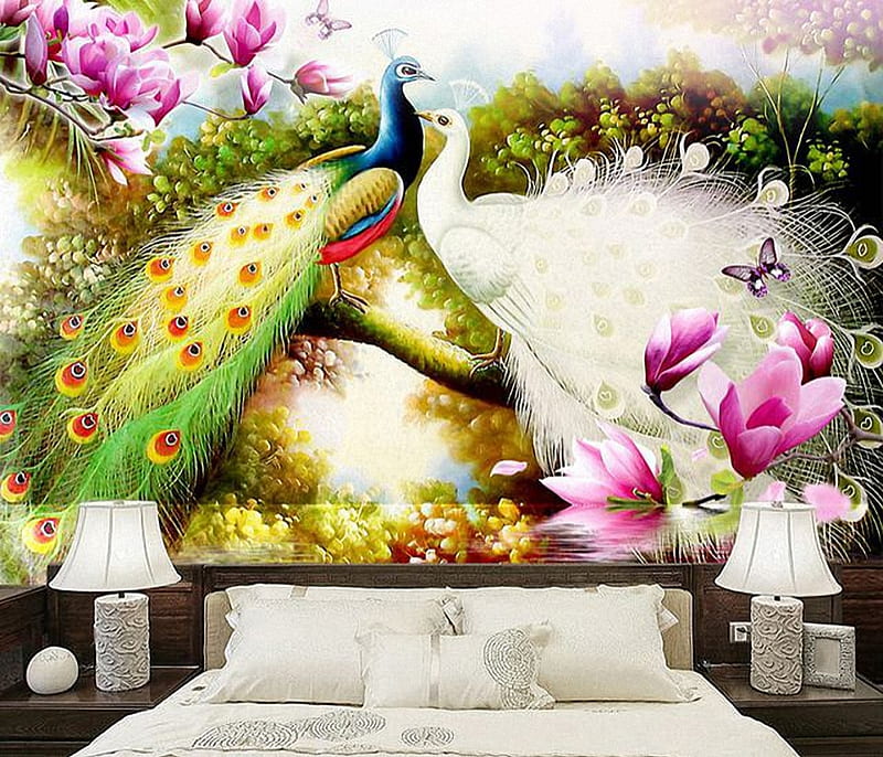 Peacocks, lamps, colors, birds, flowers, blossoms, butterflies, bed, feathers, HD wallpaper