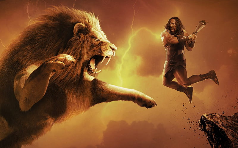 Hercules (2014), fighting, movie, orange, yellow, man, lion, animal, fantasy, battle, Dwayne Johnson, Hercules, actor, HD wallpaper