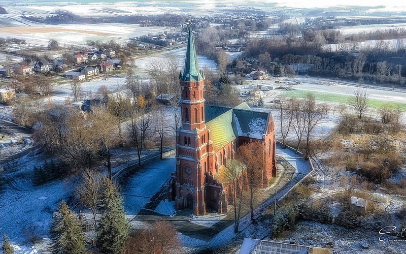 Church in Poland, Poland, aerial, church, winter, HD wallpaper