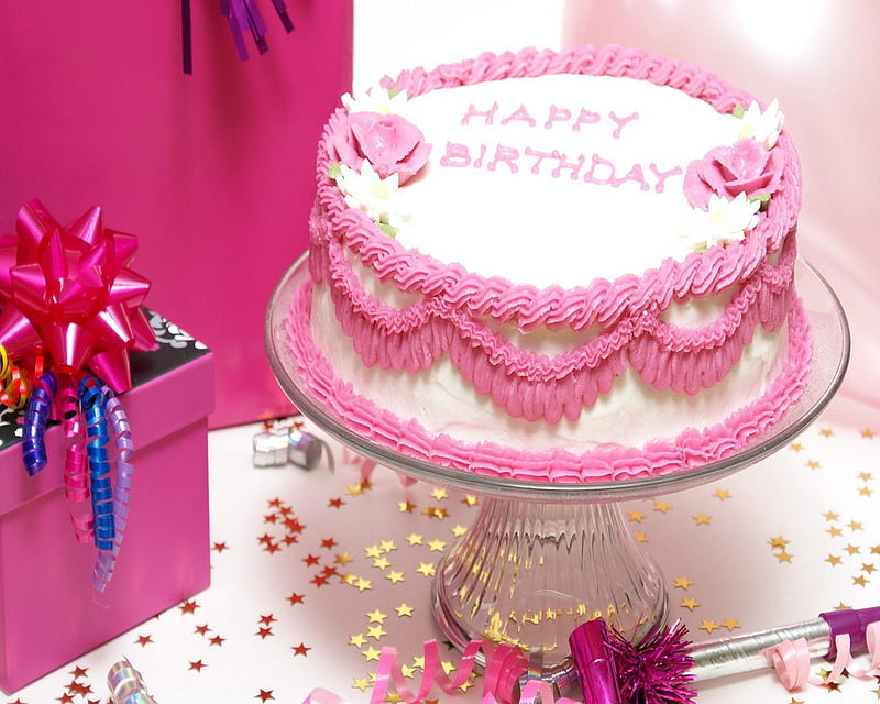 Happy birtay, birtay cake, cake, gifts, pink cake, HD wallpaper