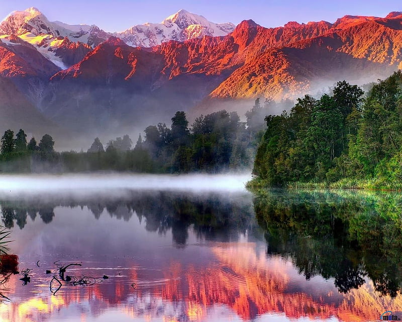 Lake Matheson, New Zealand, forest, trees, lake, fog, new zealand, mountains, nature, sunrise, reflection, HD wallpaper