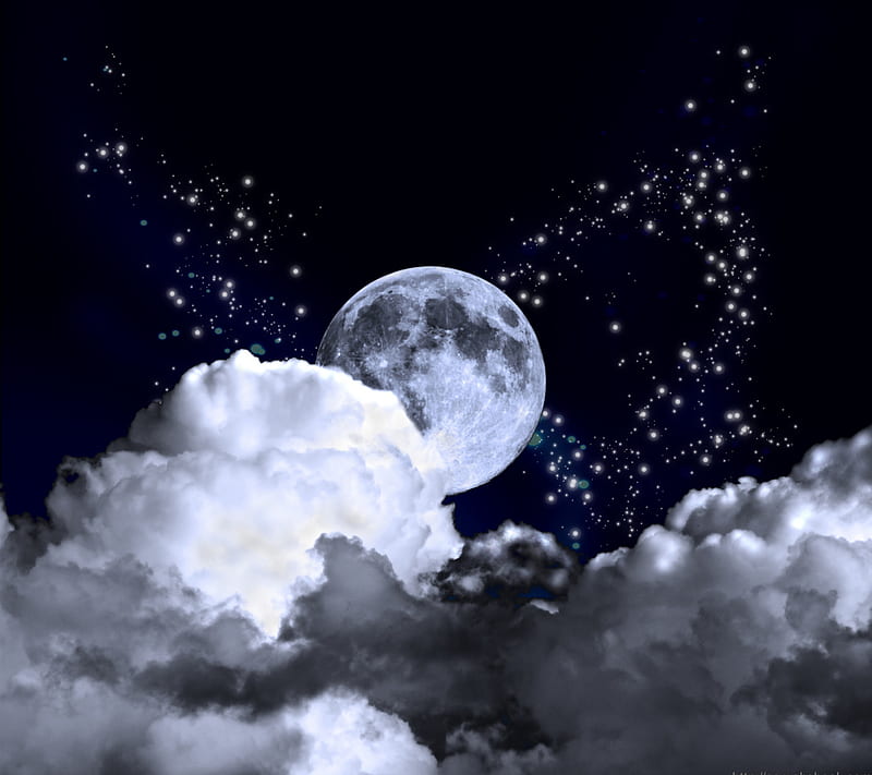 A Magic Moon, bonito, blue, clouds, dark, glow, moon, night, stars, HD wallpaper