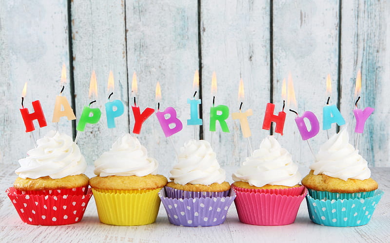Happy Birtay, cupcakes with candles birtay cakes, Birtay Party, creative, Birtay concept, cupcakes, HD wallpaper